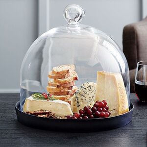 Crate&Barrel Black-glazed Stoneware Server w/ a Handcrafted Glass Dome